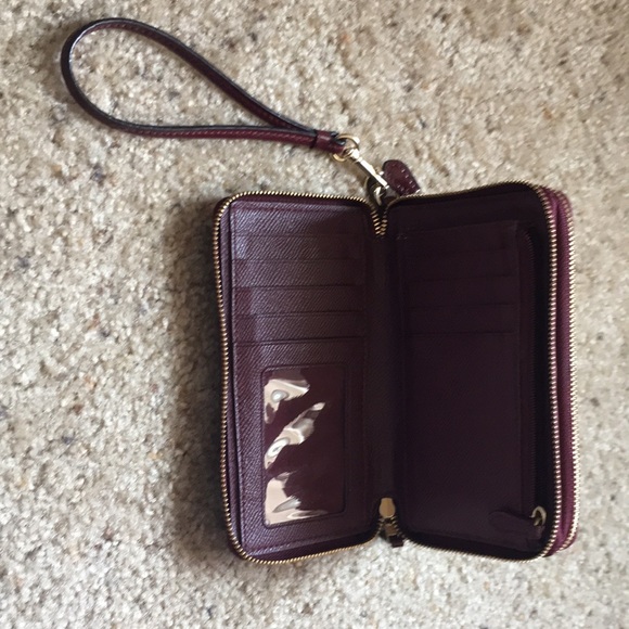 Coach Signature Tan/Maroon Wristlet - Picture 2 of 5